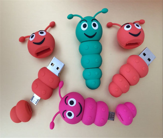 毛毛蟲手機U盤—創(chuàng)意雙插頭卡通U盤  手機U盤定制工廠